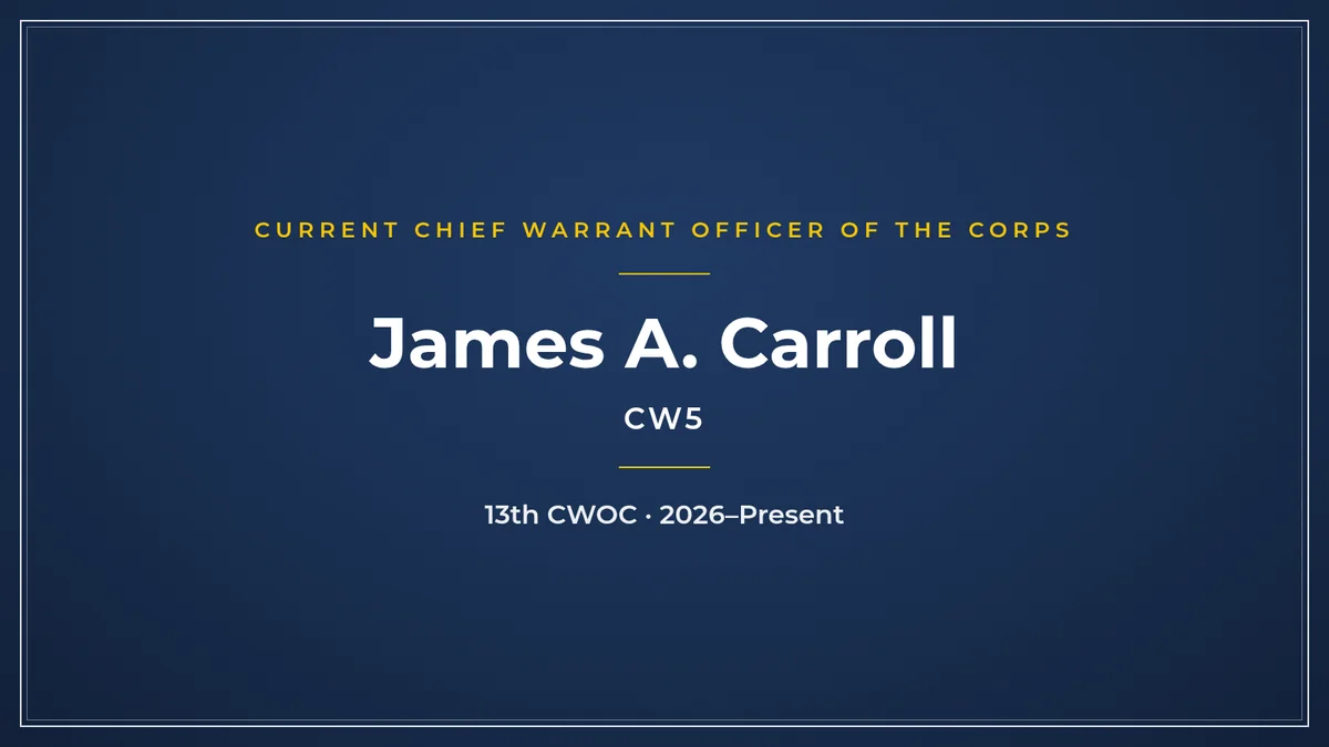 Featured card: CW5 James A. Carroll, current Chief Warrant Officer of the Corps, 13th CWOC, 2026 to present