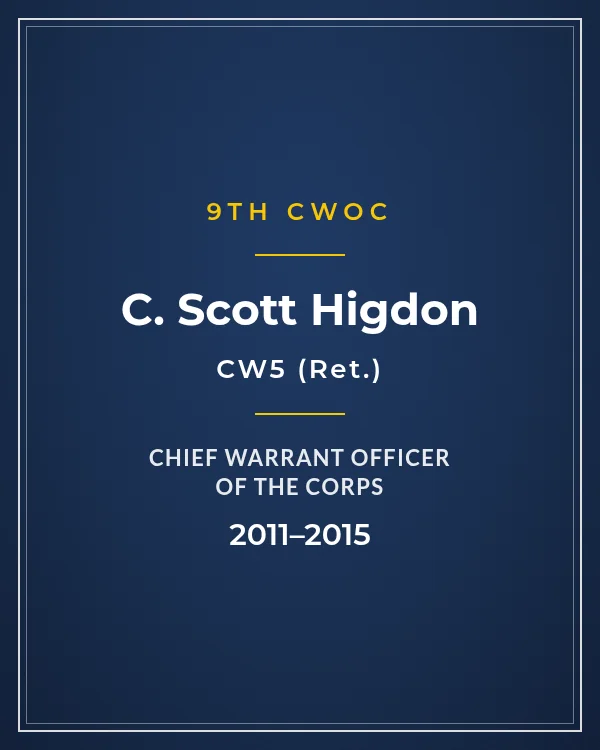 Nameplate card: CW5 C. Scott Higdon, 9th Chief Warrant Officer of the Corps, 2011–2015