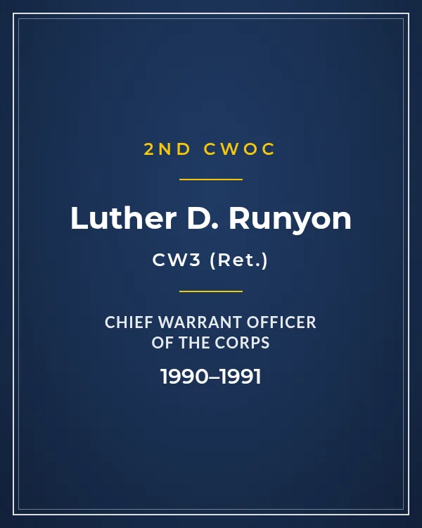 Nameplate card: CW3 Luther D. Runyon, 2nd Chief Warrant Officer of the Corps, 1990–1991