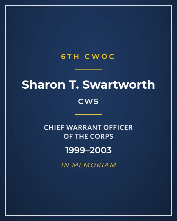 Nameplate card: CW5 Sharon T. Swartworth, 6th Chief Warrant Officer of the Corps, 1999–2003